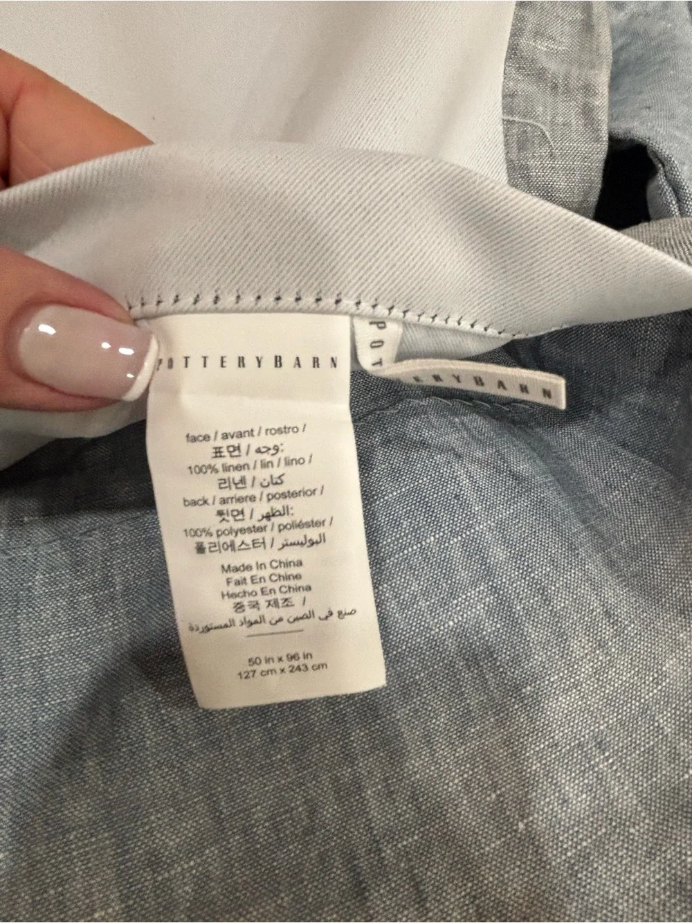 POTTERY BARN Chambray Blue ONE Belgian Linen EMERSON Blackout Curtain 50” X 96”.